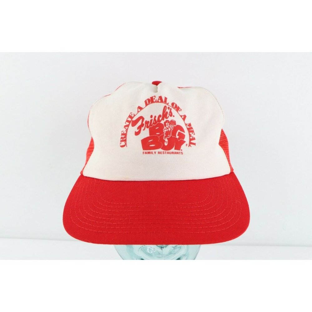 Vintage 90s Frisch's Big Boy Restaurant Spell Out Trucker Hat Snapback Red Usa